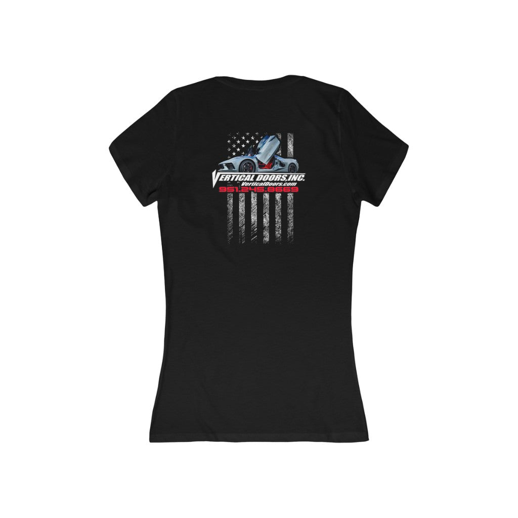 Women's Jersey Short Sleeve Deep V-Neck Tee Chevrolet Corvette C8 USA Flag Vertical