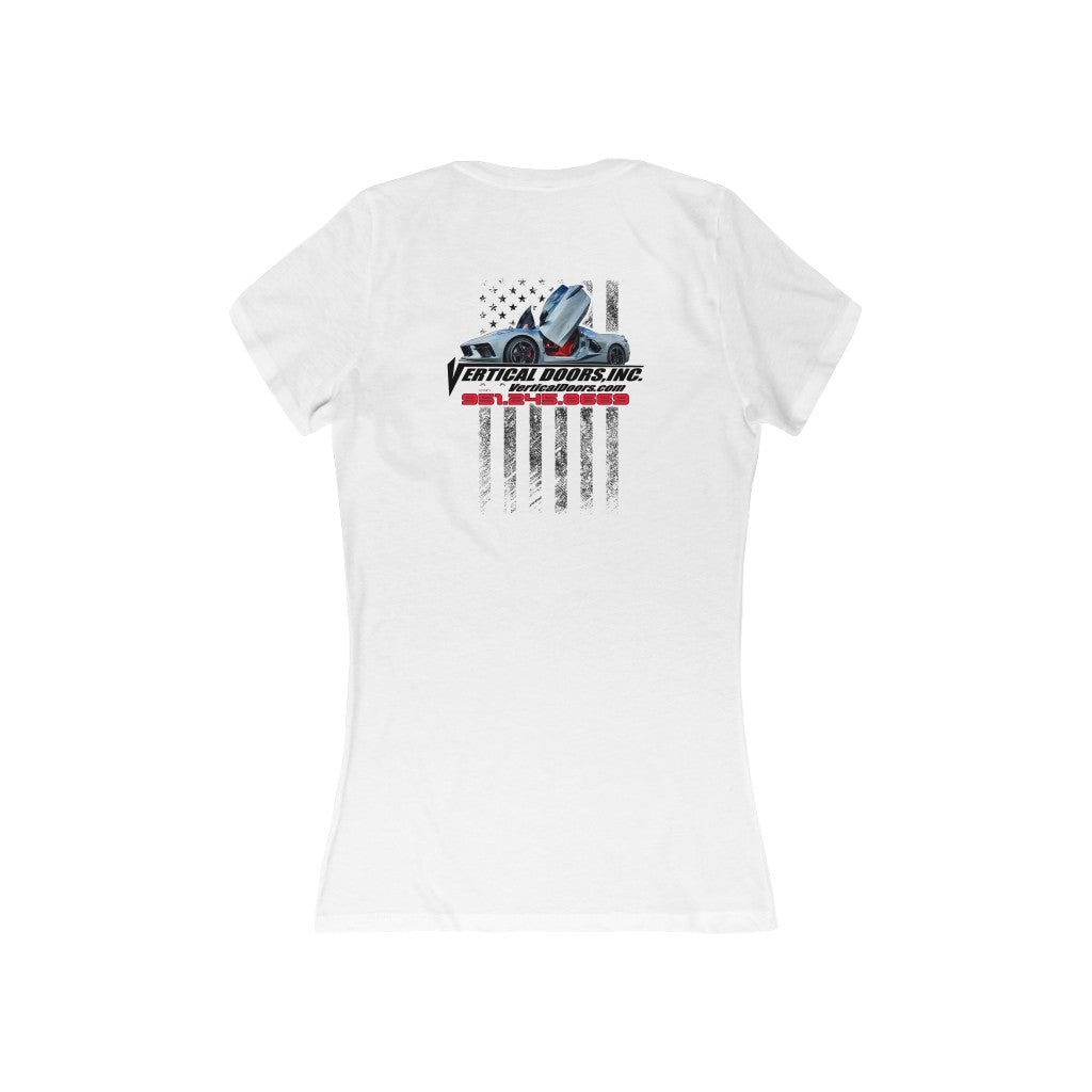 Women's Jersey Short Sleeve Deep V-Neck Tee Chevrolet Corvette C8 USA Flag Vertical