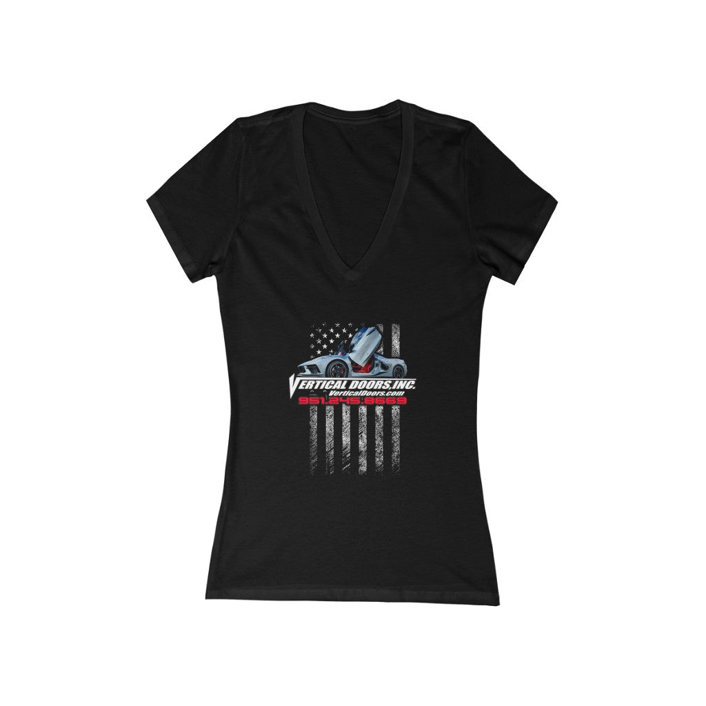 Women's Jersey Short Sleeve Deep V-Neck Tee Chevrolet Corvette C8 USA Flag Vertical