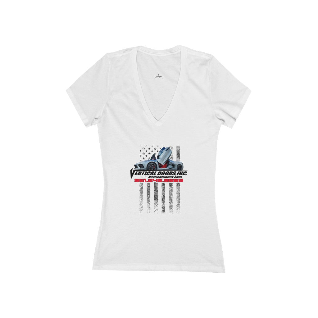 Women's Jersey Short Sleeve Deep V-Neck Tee Chevrolet Corvette C8 USA Flag Vertical